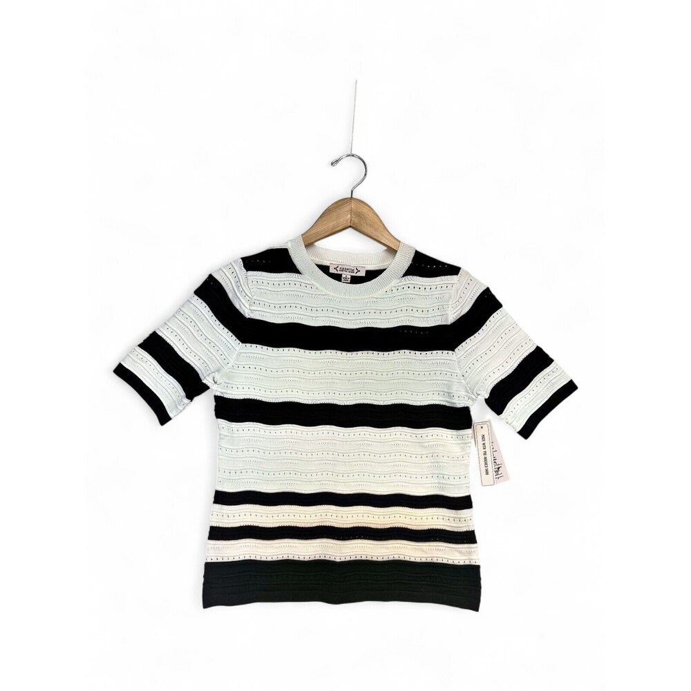 Nanette Lepore Black & White Striped Eyelet Knit Short Sleeve Top S
